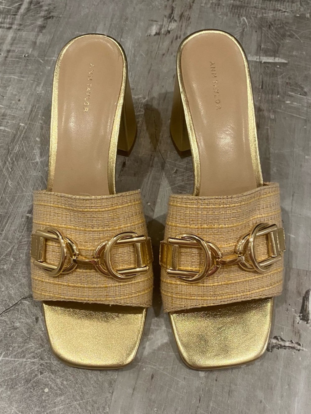 Ann Taylor Beige Block Heels with Gold Buckle Size 8.5